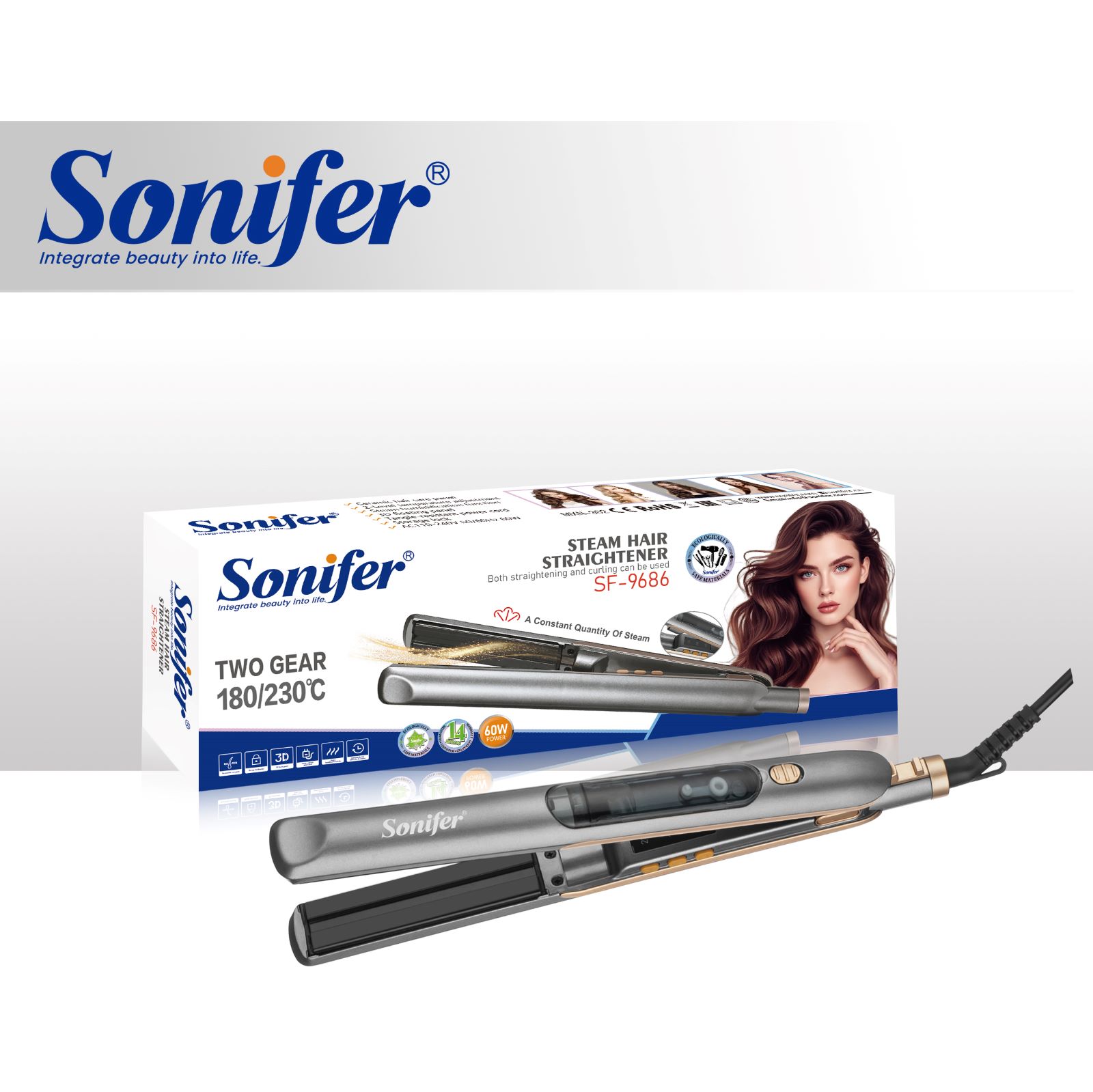 Sonifer SF-9686 plaukų tiesintuvas – 180/230°C temperatūros lygiai